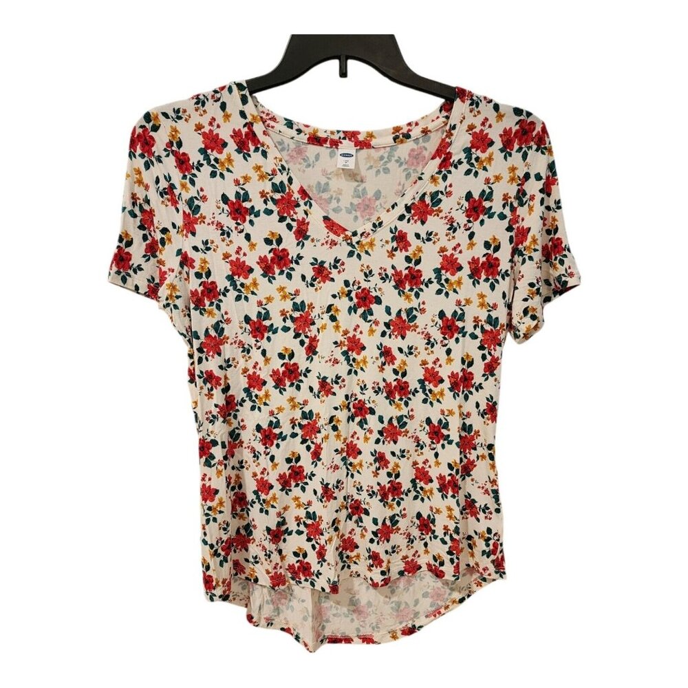 Women's Medium Old Navy Luxe White Red Floral High Low Blouse Shirt Stretchy